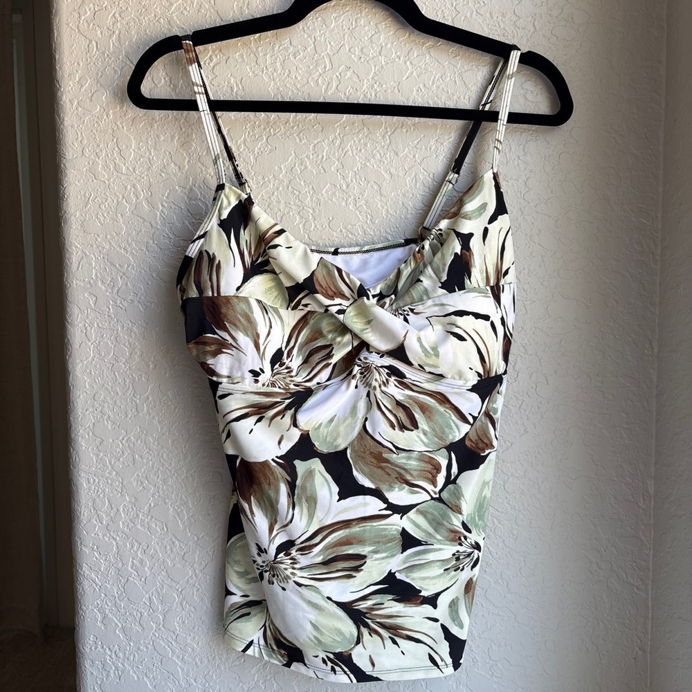 Jaclyn Smith Floral Y2K Women 16 Tankini Swim Top Green Brown Tropical Neutral